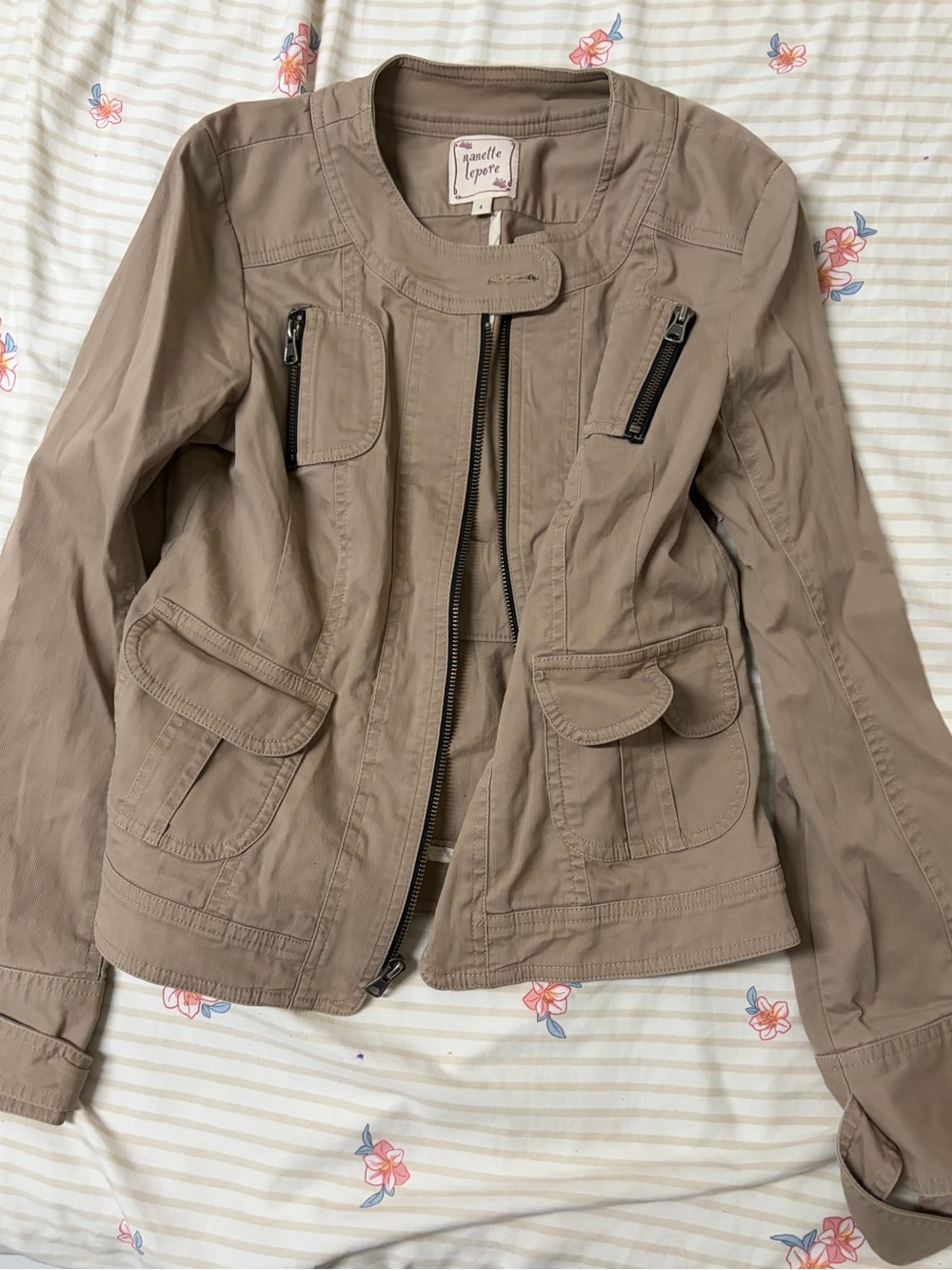 Nanette Lepore Neutral Taupe Utility Jacket with Zipper Details